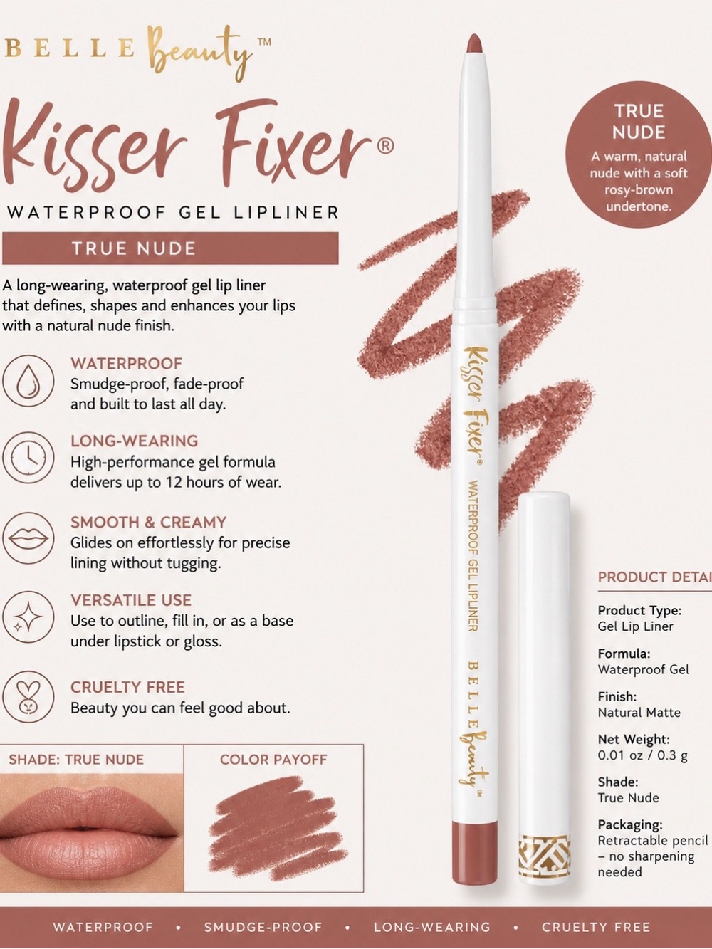Belle Beauty Kisser Fixer Waterproof Gel Lip Liner – True Nude